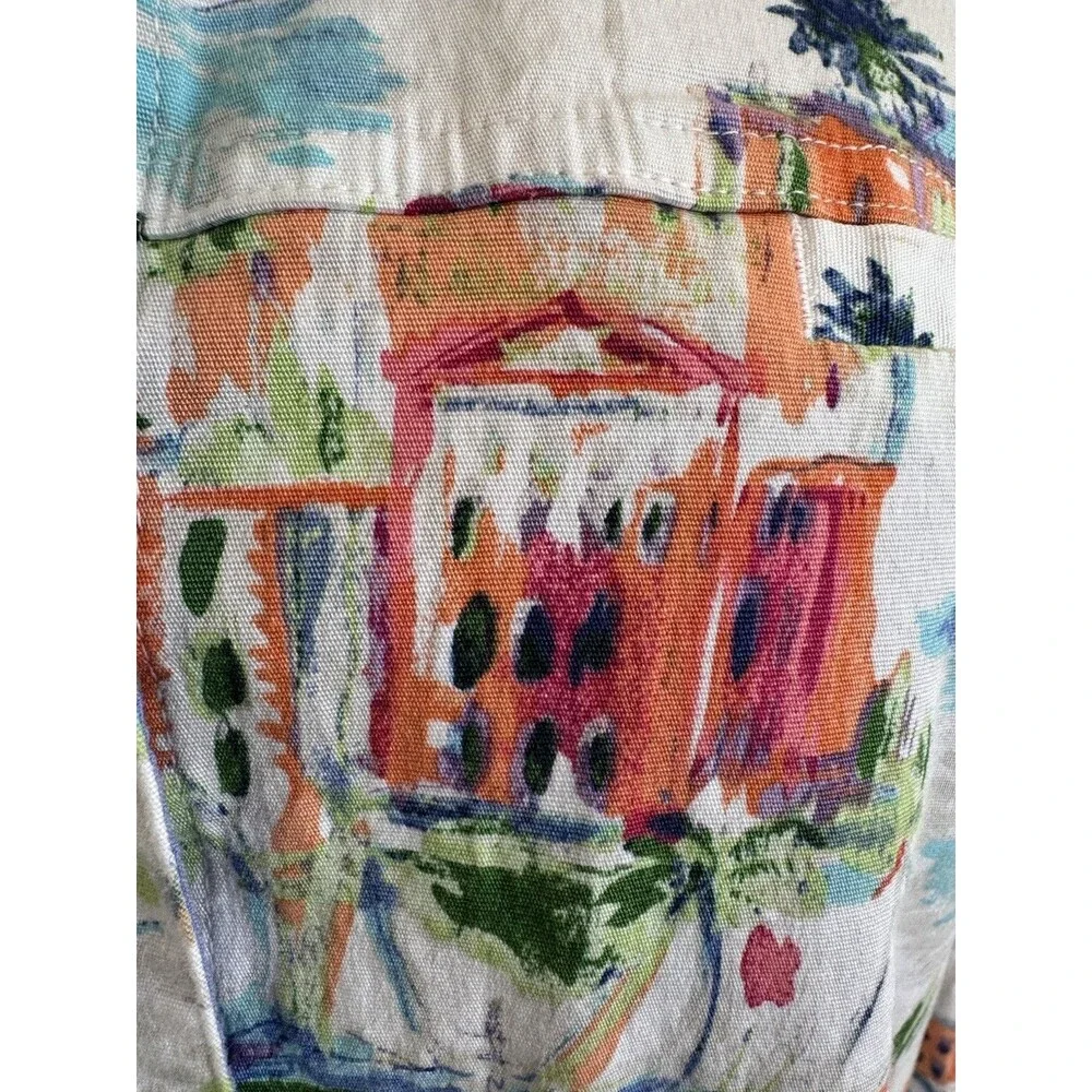 VTG CJ Banks Jacket Womens Size 2X Stretch Snap Button Artsy City White Print